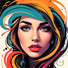 Beautiful colorful bliss. Stylized vector illustration of a woman's face blended with vibrant abstract swirls and shapes