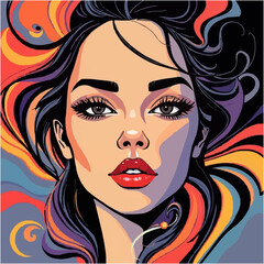 Beautiful colorful bliss. Stylized vector illustration of a woman's face blended with vibrant abstract swirls and shapes