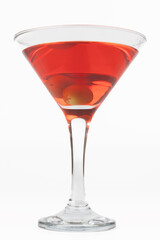 Cocktail with Red Drink and Two Olives in Vertical Format on White Background