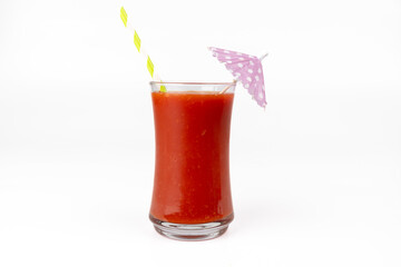 Refreshing Bloody Mary Drink with Straw and Paper Umbrella on White Backdrop