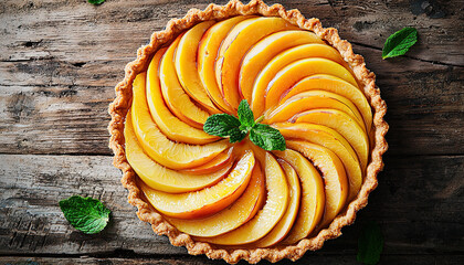 circular peach tart with a golden brown crust, topped with thinly sliced peaches and fresh mint leaves