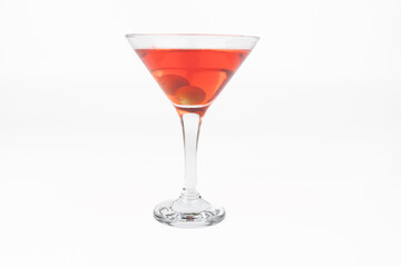 Red Cocktail with Olives, Side View on White Background