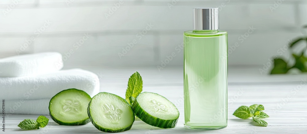 Poster Homemade refreshing cucumber facial toner in a bottle accompanied by slices of green cucumber and cotton pads set against a white wooden background Copy space