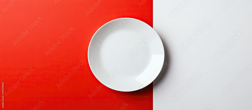 Aufkleber Top view of an empty white plate against a white and red backdrop. with copy space image. Place for adding text or design