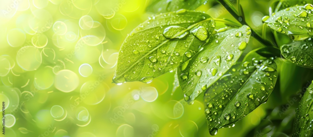Aufkleber Green leaves Fresh green spring grass adorned with dew drops Soft focus with copyspace suitable for use as a background or wallpaper Abstract nature background