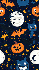 A whimsical Halloween night filled with friendly monsters, bats, pumpkins, and twinkling stars.