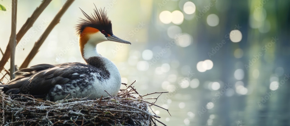 Aufkleber Close up of a great crested grebe on a nest at a lake. with copy space image. Place for adding text or design