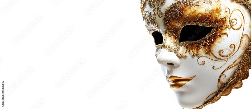 Poster masquerade mask in gold isolated on a white background from the side view. with copy space image. pl