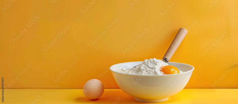 Poster bowl with wheat flour a cracked egg and a whisk on a yellow backdrop. with copy space image. place f