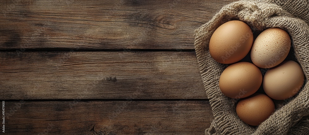 Leinwandbilder Fresh eggs on a rustic wooden background. with copy space image. Place for adding text or design