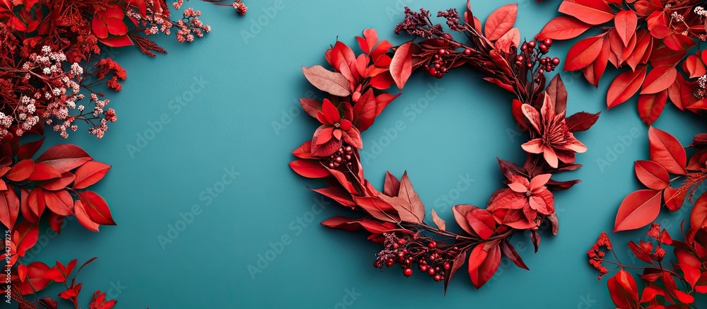 Poster autumn arrangement wreath created from red autumn leaves and flowers flat lay top view copy space sq