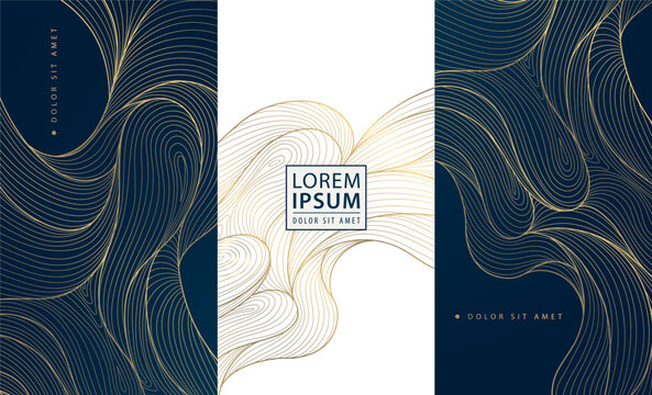Vector set of art deco luxury wave patterns, gold and black fancy water cards, labels, brochures. Abstract  line chocolate, wine package templates.