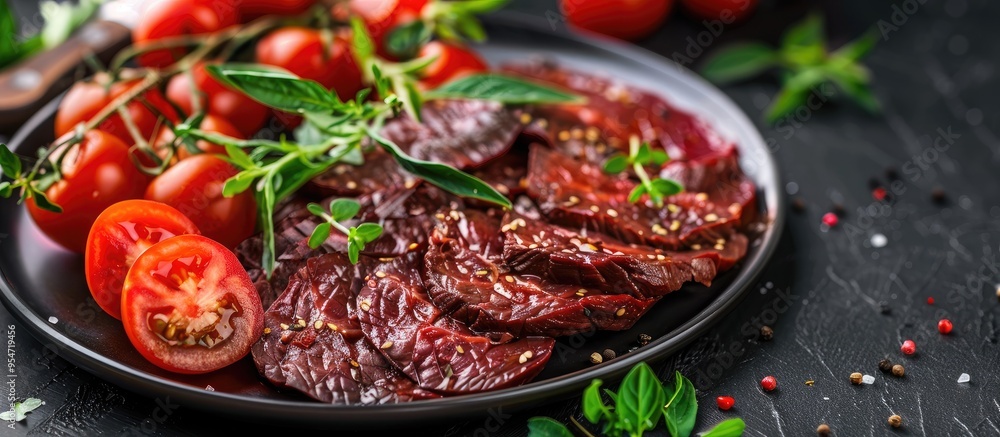 Poster Close up of sliced boiled smoked cold beef on a white plate alongside cherry tomatoes. with copy space image. Place for adding text or design