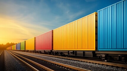 Fototapeta premium Colorful cargo containers lined up on train tracks at sunset, symbolizing transportation and logistics. Ideal for industrial themes.