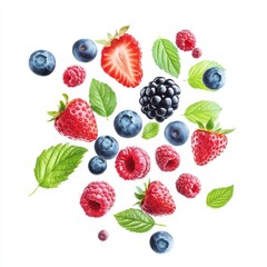 Flying fresh berries: Strawberries, Raspberries, Blueberries and Blackberries on white background.