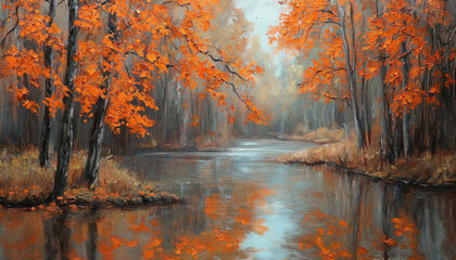 A serene landscape featuring a tranquil river surrounded by trees with vibrant orange leaves reflecting on the water.