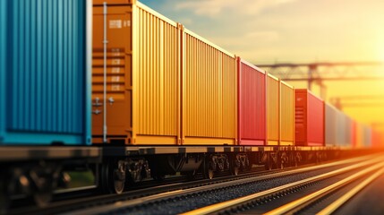 Fototapeta premium Colorful cargo containers on a train track at sunset, symbolizing logistics, transportation, and global trade.