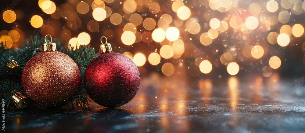 Aufkleber Christmas ornaments against a bokeh lights backdrop. with copy space image. Place for adding text or design