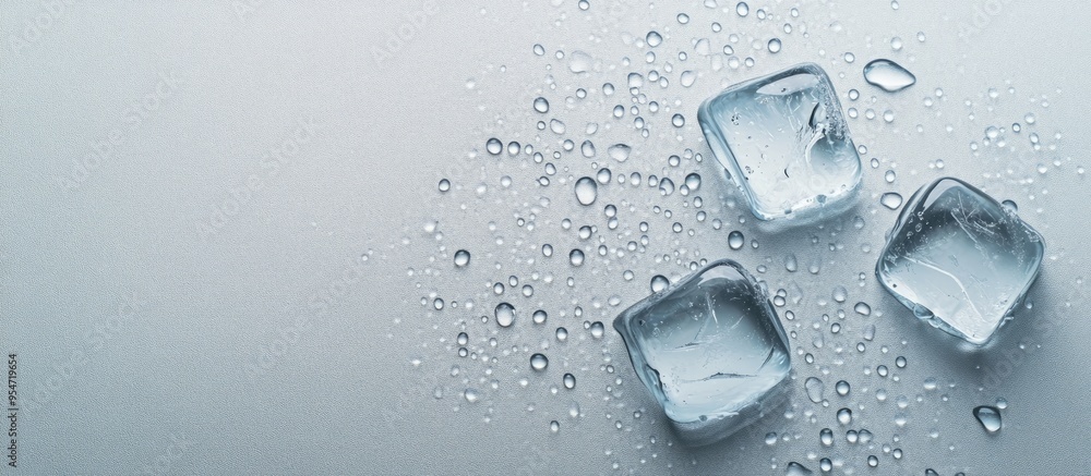 Aufkleber Melting ice cubes and water droplets on a light grey background flat lay Room for text. with copy space image. Place for adding text or design
