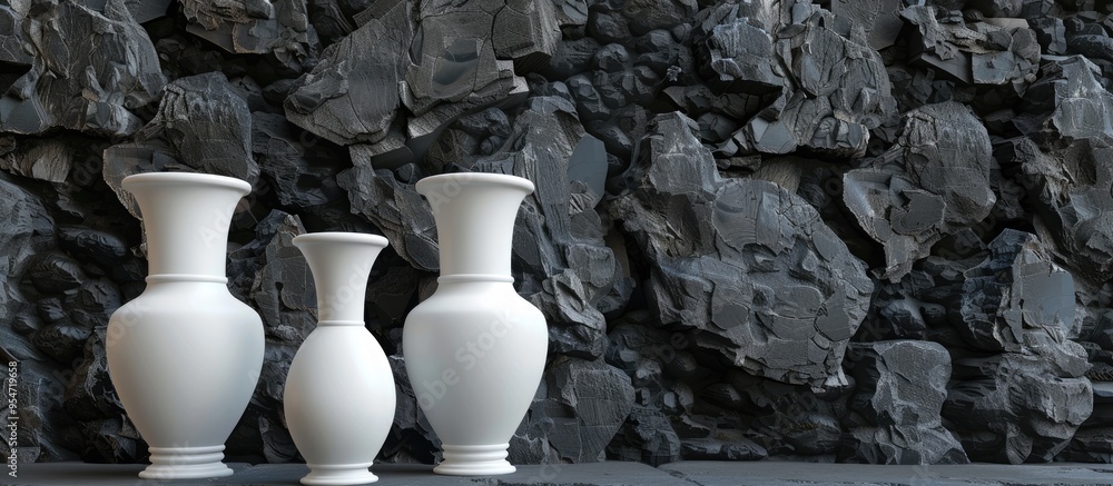 Aufkleber antique style white vases against a backdrop of black volcanic stones. with copy space image. place 