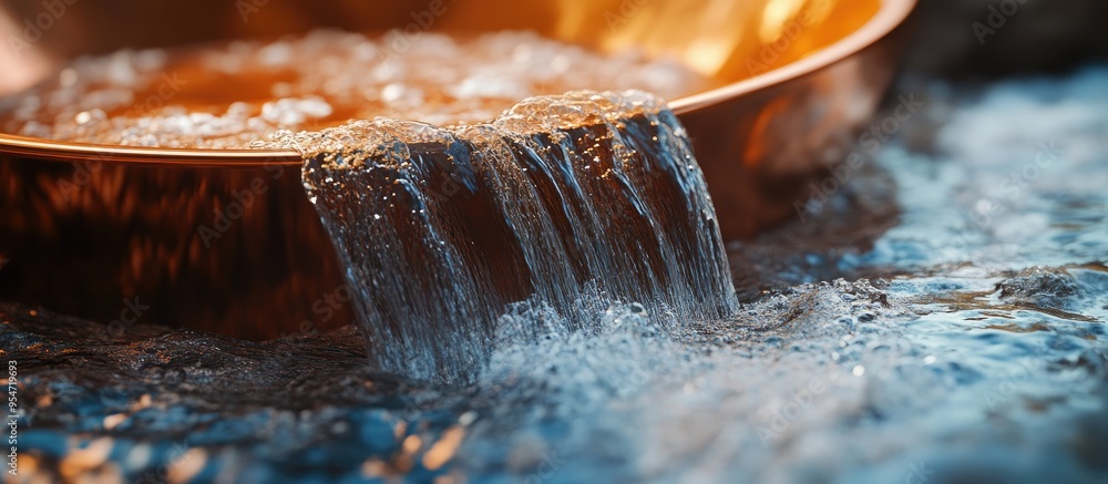 Poster Water flows into the copper wash basin. with copy space image. Place for adding text or design