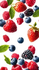 Flying fresh berries: Strawberries, Raspberries, Blueberries and Blackberries on white background.