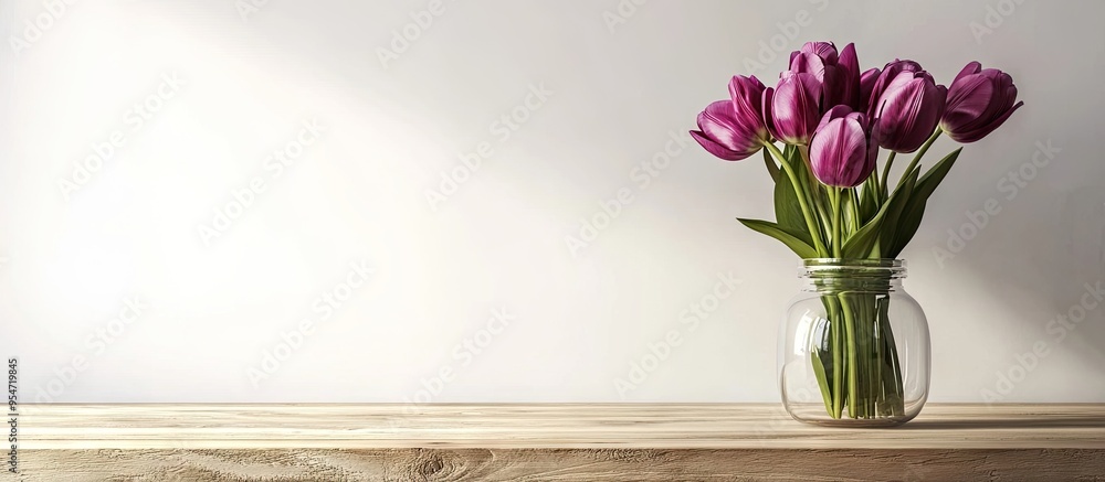 Aufkleber purple tulips in a glass jar on a wooden table next to the white wall. with copy space image. place 