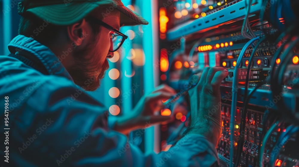 Poster A man in a hat and glasses is working on a computer