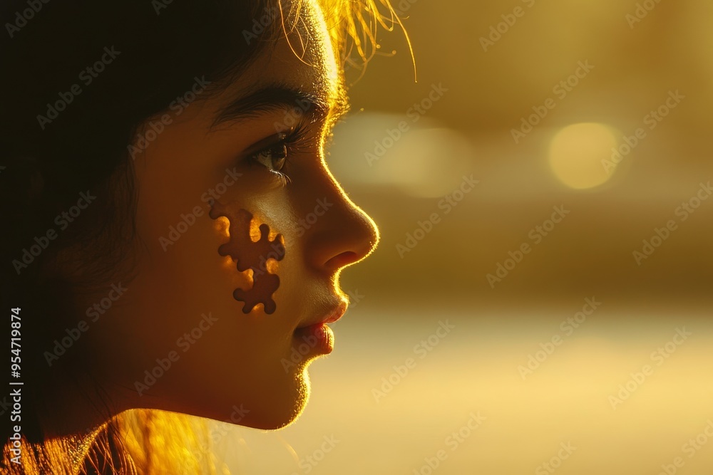 Poster neural networks thought child with a puzzle piece missing from her face reflecting the innocence of 