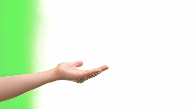 Hand holding an invisible object, isolated on white. Gesture of giving or grabbing. Drip sign, green screen background