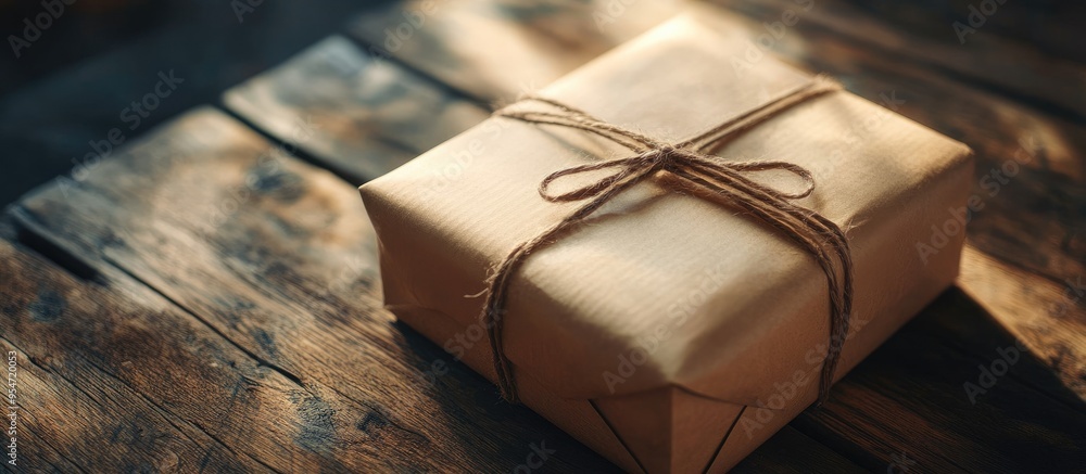 Fototapete Wrapped package box on a wooden surface. with copy space image. Place for adding text or design