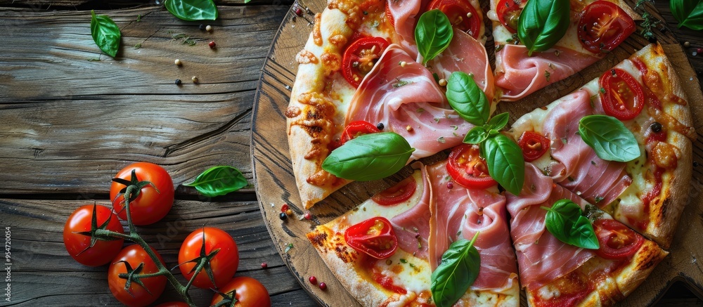 Poster Pizza topped with ham tomatoes mozzarella cheese and basil Tasty Italian pizza on a wooden pizza board in enchanting light. with copy space image. Place for adding text or design