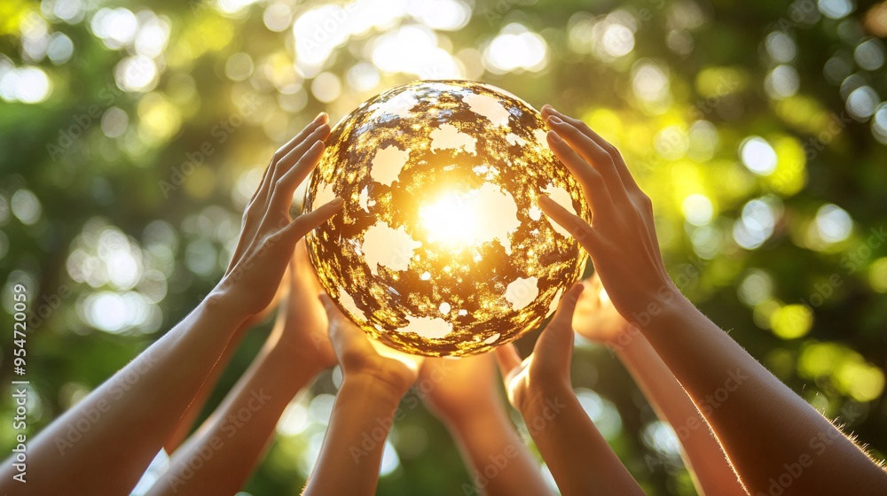 Aufkleber Global connection depicted through a video call with participants in diverse settings including a desert a rainforest and a busy urban area highlighting the ability to work from any environment Stock