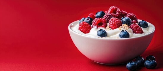 A bowl of yogurt topped with raspberries blueberries and powder set against a red background. with...