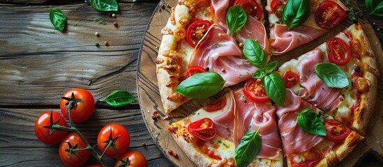 Fototapeta premium Pizza topped with ham tomatoes mozzarella cheese and basil Tasty Italian pizza on a wooden pizza board in enchanting light. with copy space image. Place for adding text or design