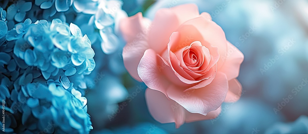 Poster Macro abstract art perspective of a stunning pink rose flower bloom in a floral arrangement featuring a backdrop of blue hydrangeas. with copy space image. Place for adding text or design