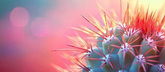 A close up of a barrel cactus s needles with sunlight filtering through them and a softly blurred colorful sky in the background ideal for copy space