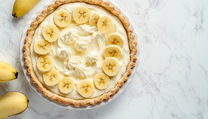 Banana cream pie pastry homemade dessert with topping banana slice flat lay