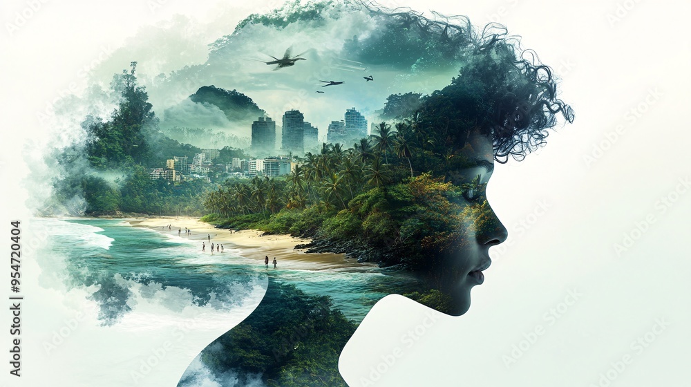 Poster Global connection visualized through a video call screen featuring multiple participants with varied backgrounds one person is by the beach another in a forest and others in cityscapes or mountains