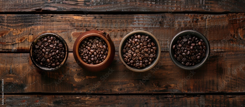 Poster Cup filled with coffee roasted beans on a wooden table top view aromatic drink ingredient background. with copy space image. Place for adding text or design