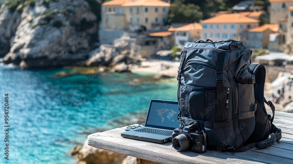 Poster backpack and tech gear spread out on a wooden bench overlooking a scenic travel destination the back