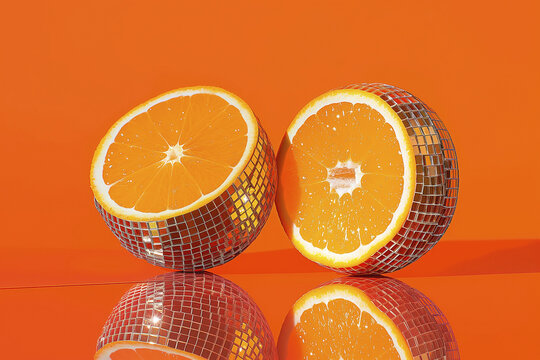 Orange disco ball. Creative minimal food and party concept. Dancing and cocktails in a nightclub, celebration theme