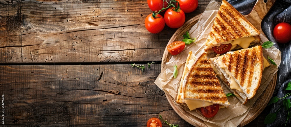 Aufkleber Top view of a toast sandwich on a plate with a background of copy space