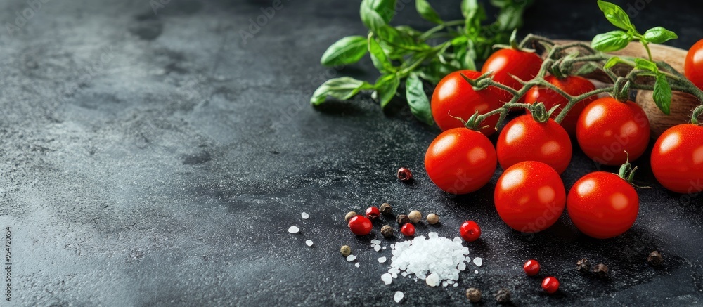 Poster Ingredients for preparing cherry tomatoes salt spices and herbs on a dark concrete surface. with copy space image. Place for adding text or design