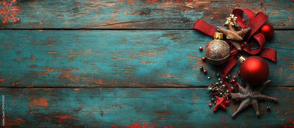 Poster vintage christmas xmas decoration on a wooden background. with copy space image. place for adding te