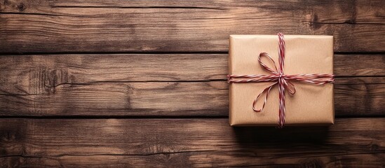 Fototapeta premium Present box gift decoration on wooden table top view with copy space