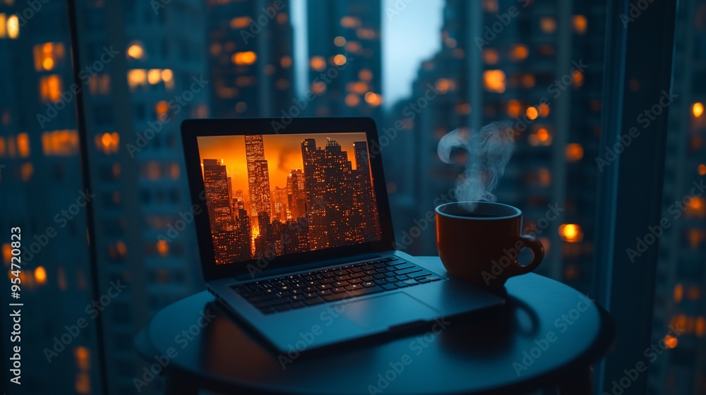 Aufkleber cityscape workspace with a close-up of a laptop keyboard and a steaming cup of coffee the reflection