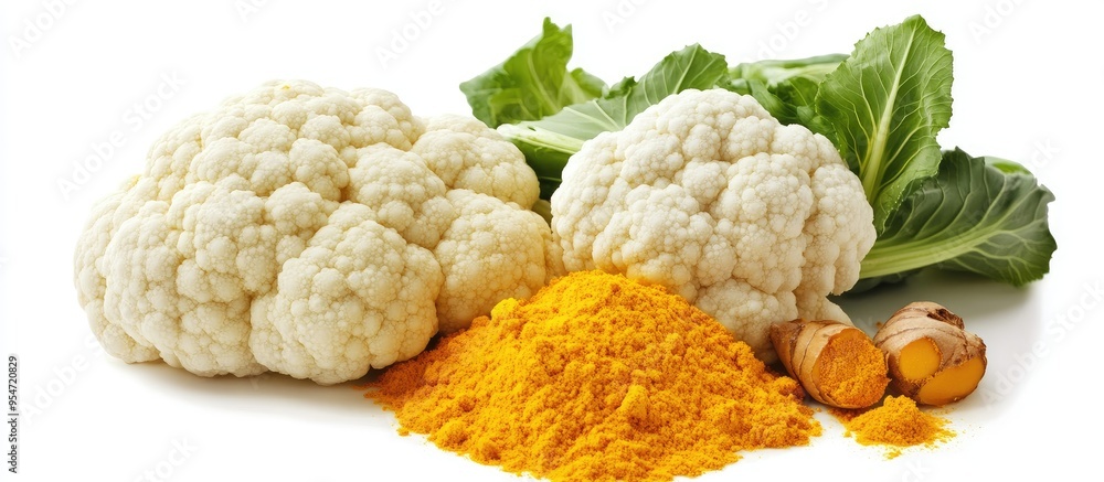 Aufkleber cauliflower with turmeric and rice against a white background. with copy space image. place for addi
