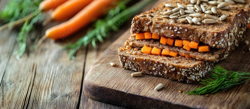 Aufkleber sliced rye bread topped with vegetables carrots and sunflower seeds on a cutting board rustic style 
