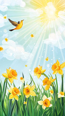 A Burst of Spring: Sun-Kissed Daffodils Bloom Under a Cheerful Sky